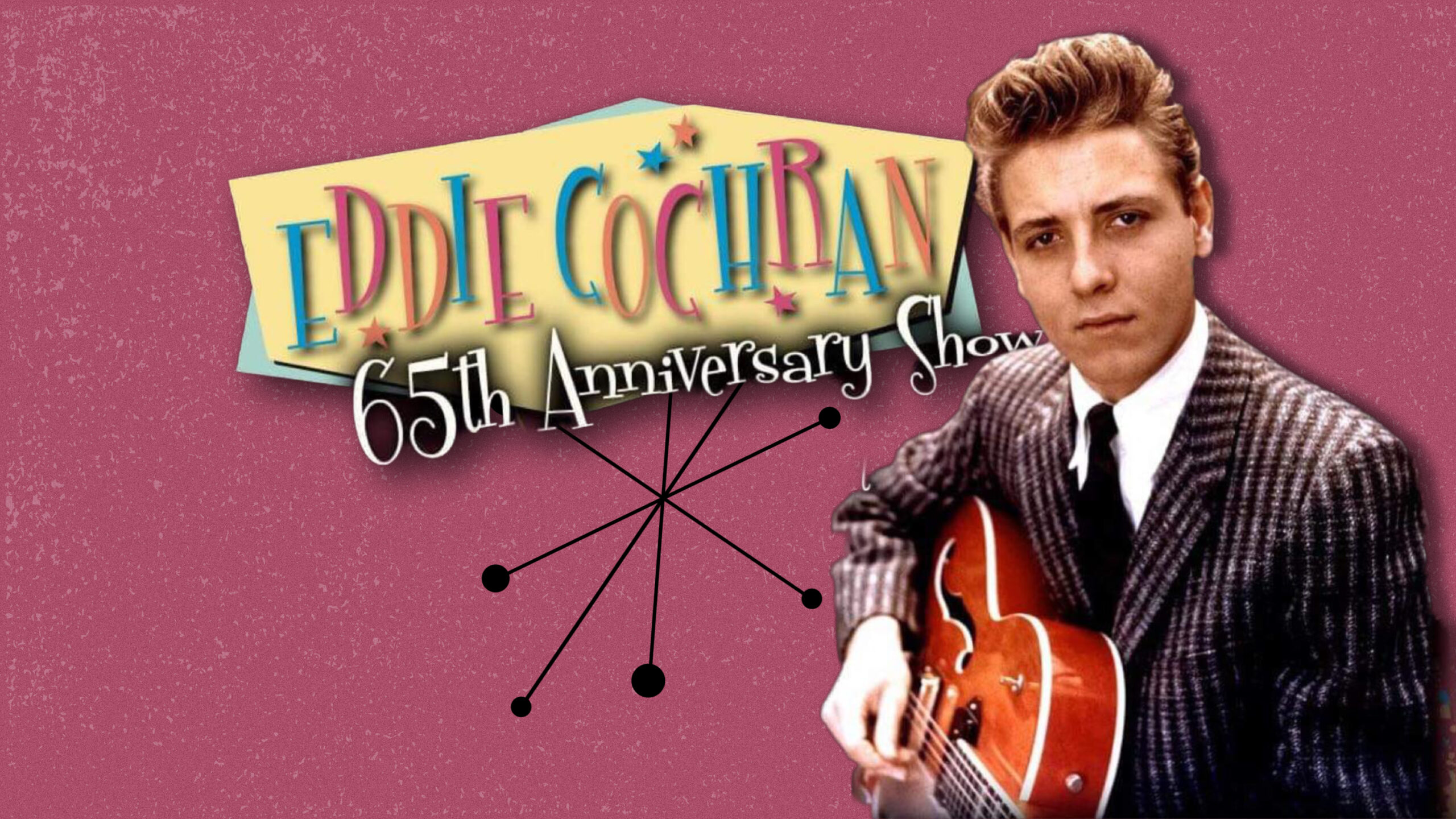 Photograph if man with a guitar. Text reads Eddie Cochran 65th Anniversary Show