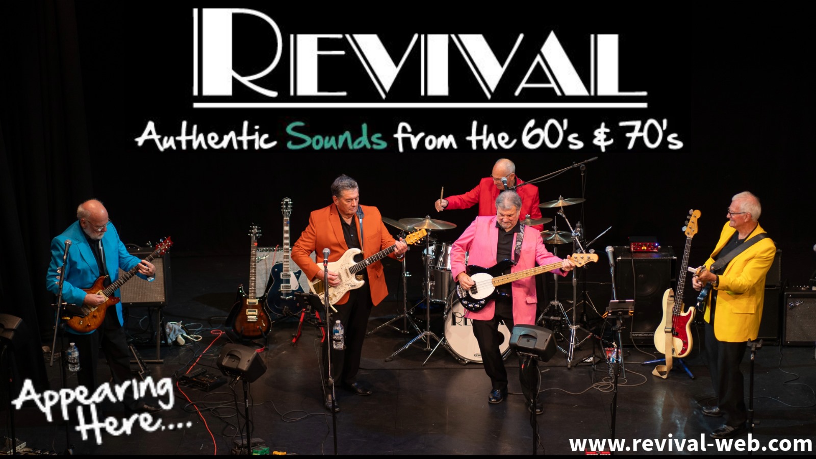 Band performing on stage. Text reads Authentic sounds from the 60s and 70s