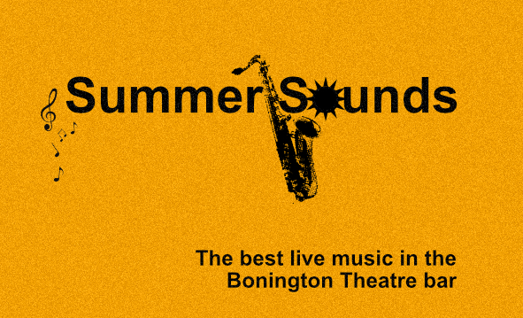Saxophone and musical notes on a design. Text reads Summer Sounds, the best live music in Bonington Theatre Bar