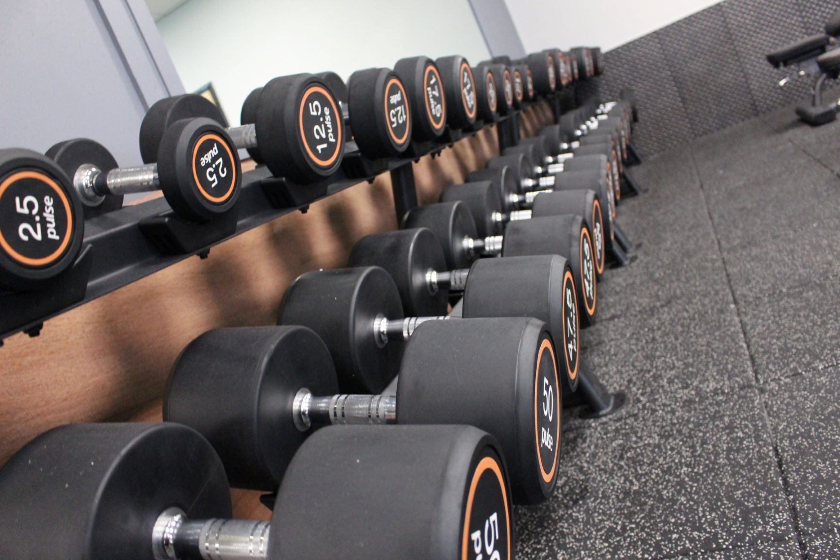 Weights on racks at Redhill Gym