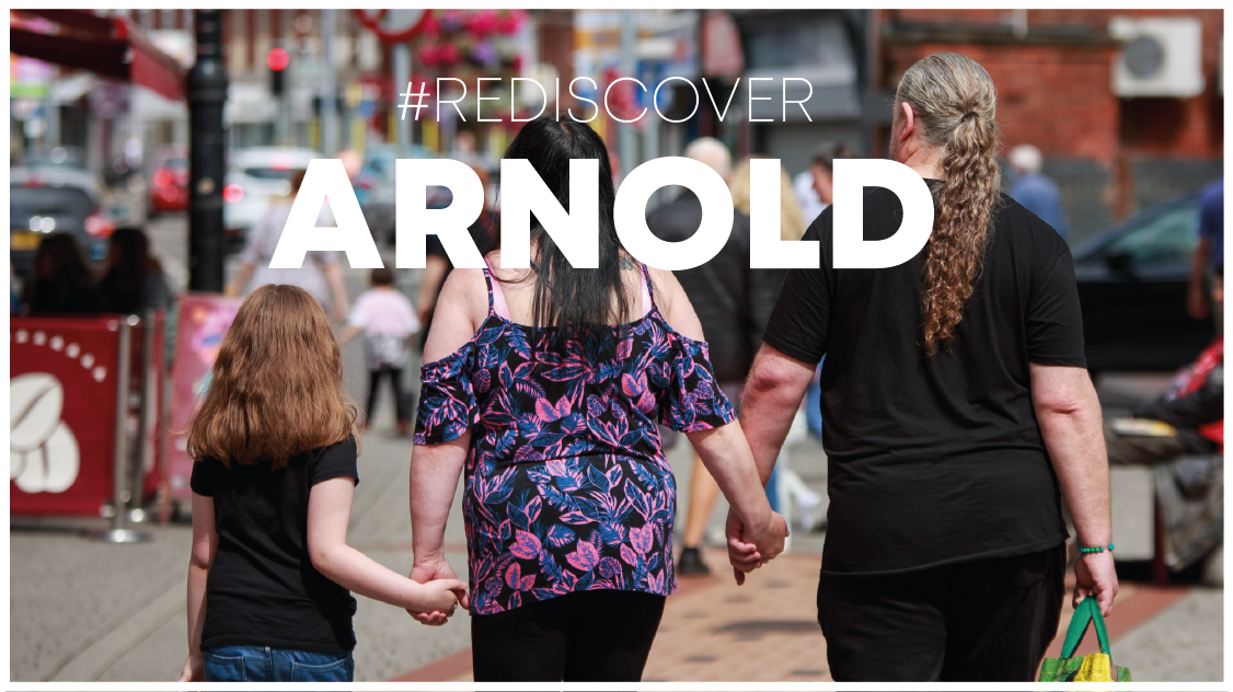  Rediscover Arnold over a photo of a man, woman and child walking together holding hands