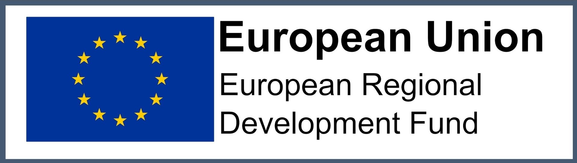 White box with the EU logo in it in blue. Text next to the logo reading European Union European Development Fund