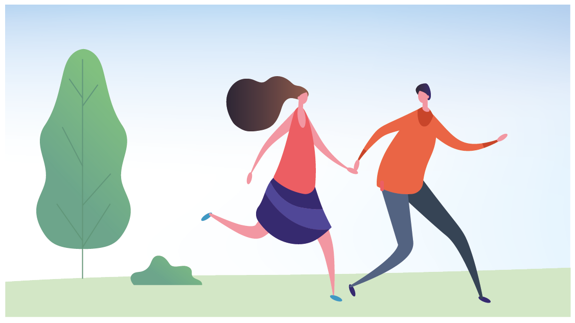 an illustration of a couple skipping through a park holding hands