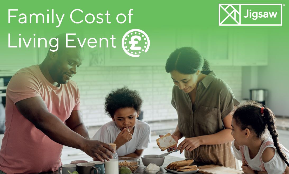 Family at a table making food. A green overlay at the top of the image has white text on it reading 