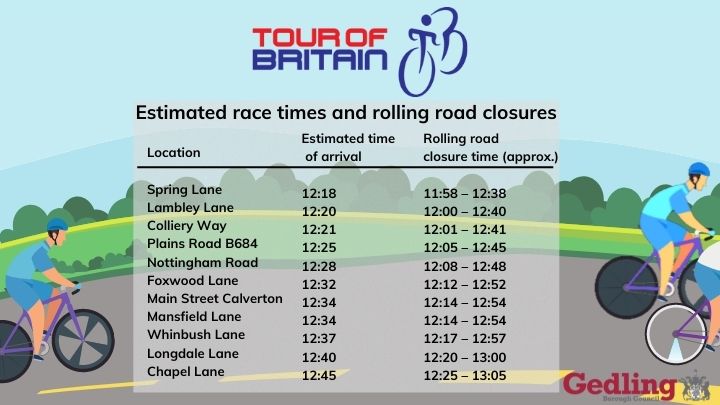 A timetable of rolling road closures for the Tour of Britain Bike race in black text on top of an illustration of roads, hills and cyclists